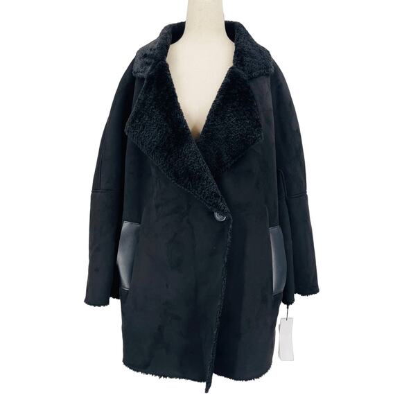CALVIN KLEIN XL black faux leather sherpa double breasted coat jacket NWT B113 - Picture 1 of 9